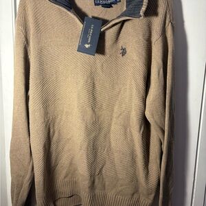 U.S. Polo Assn. Men’s Zip-Neck Knit Sweater - Tan with Navy Trim